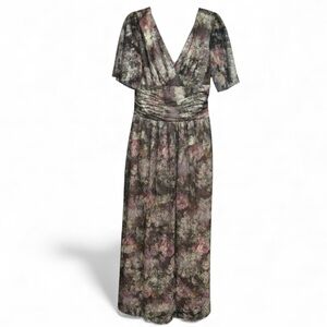 Ignite Evenings Metallic Foil Floral Ruched Flutter Sleeve Dress 8 Taupe Floral